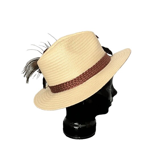 BRIXTON Women’s OS Jute Straw Fedora Cowboy Hat Festival Feathers Beaded Hippie